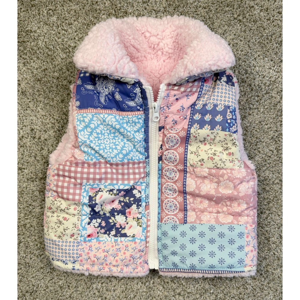 Becker Brands Quilted Vest Kids Pink Blue Excellent Patchwork Sherpa‎ Lined Zip